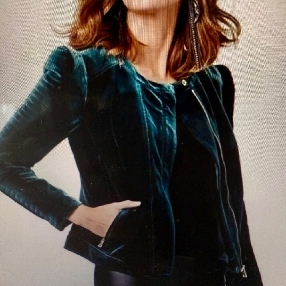 Dark Green Velvet Moto Jacket with Gold Accents